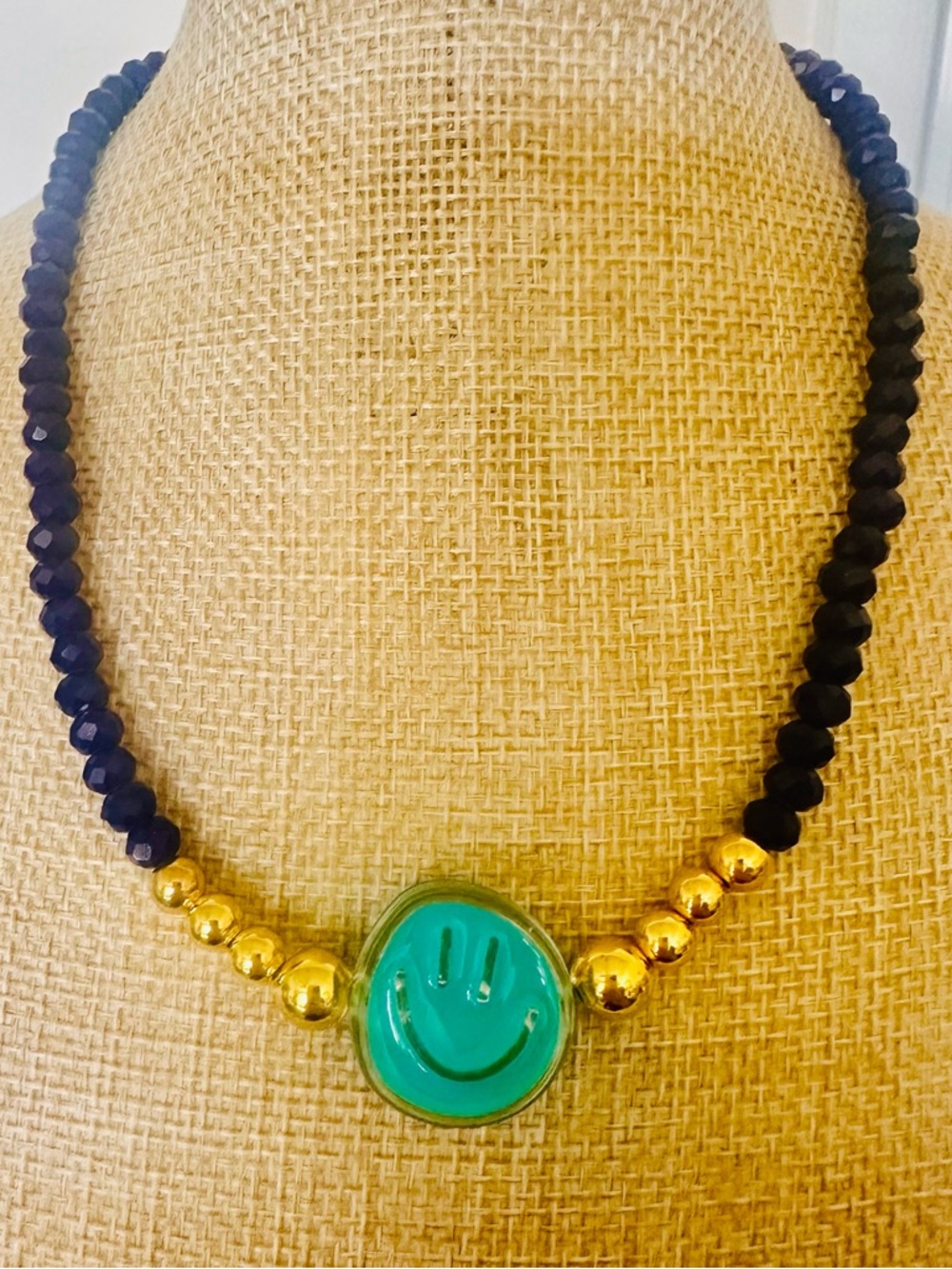 Gold Bead Necklace with Green Smiley Pendant - Women Jewelry